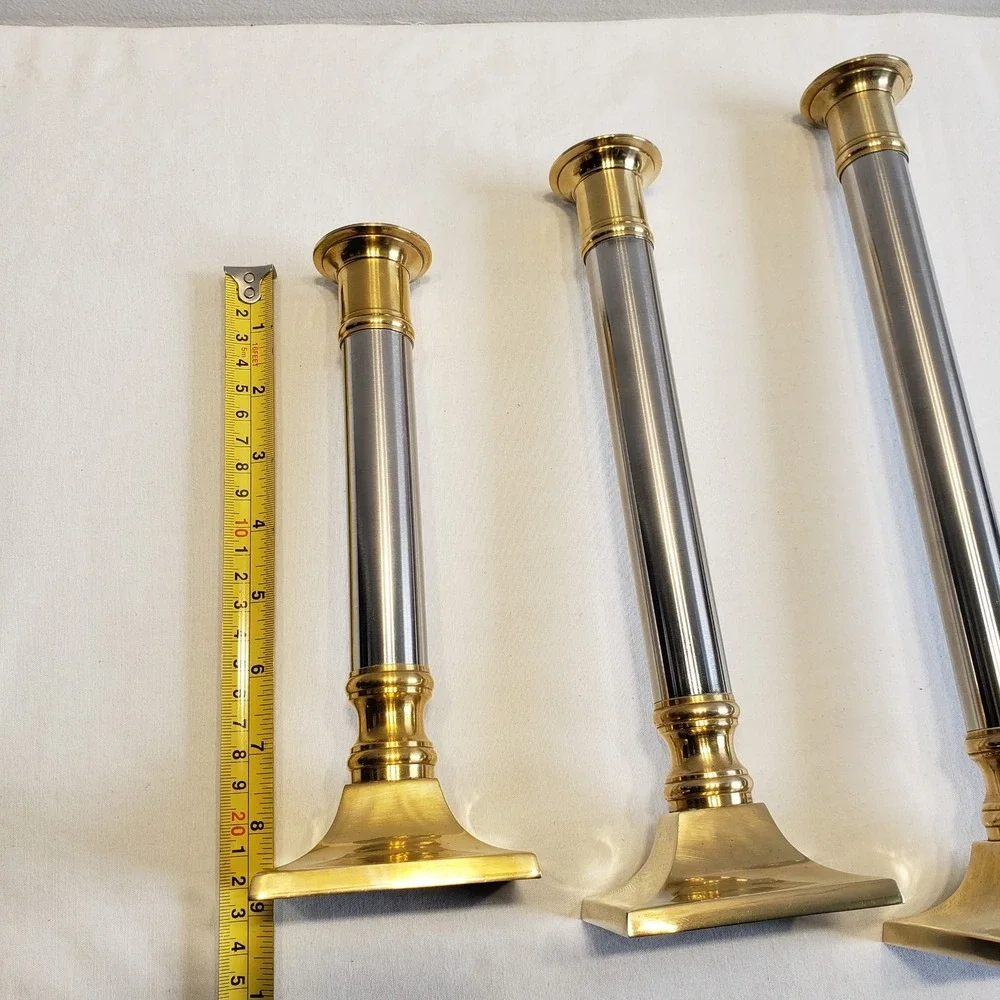 Candlestick Holders Brass Silver Mixed Metal Graduated Set of 3 Vintage
